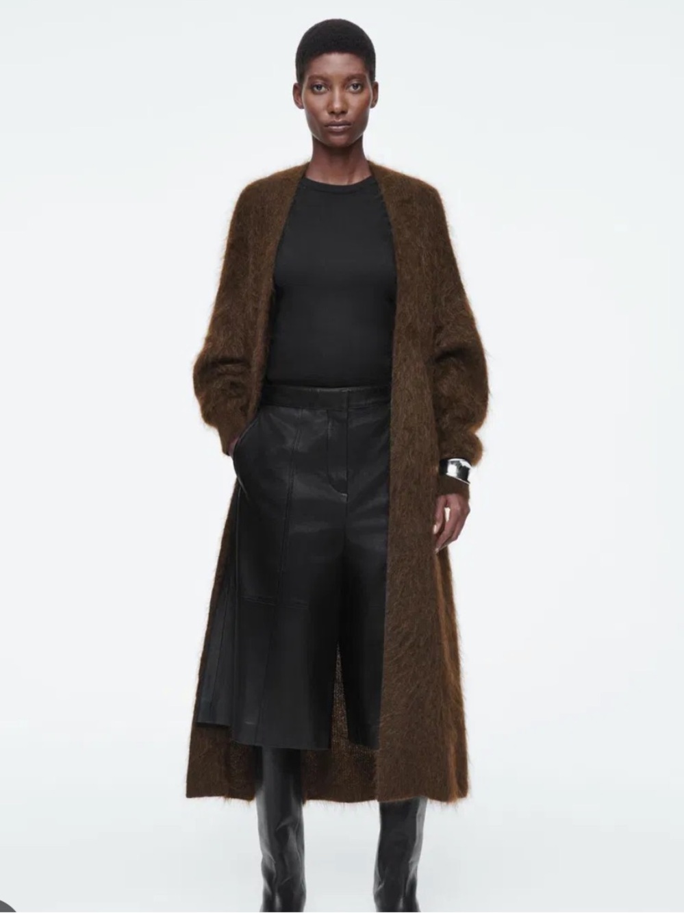 COS Long Open-Front Brown Fuzzy Knit Coat